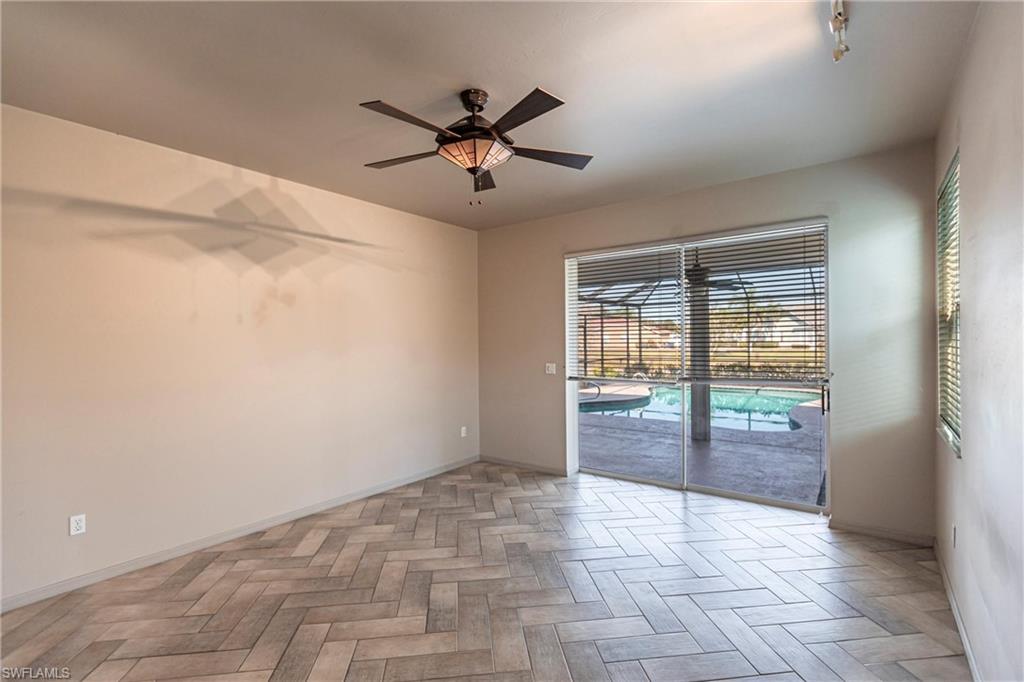 Custom blinds on all windows, ceiling fans and pocket sliders, too.