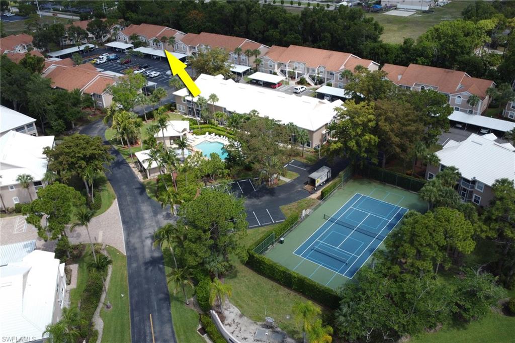 Aerial view of pool and tennis court in Bermuda Isles