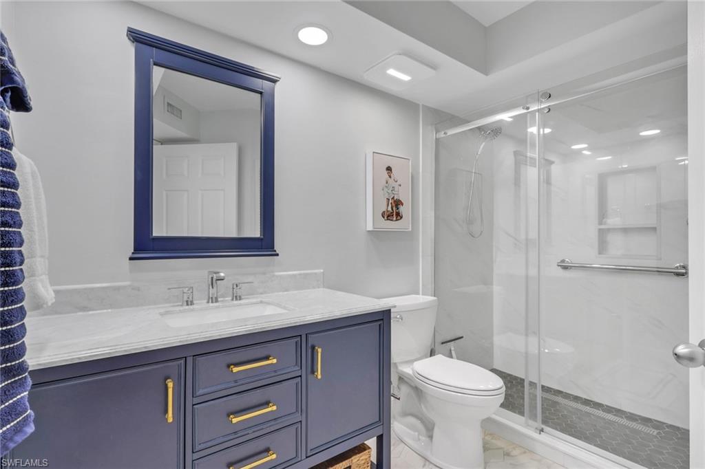 Recently remodeled with new countertops, shower stall and fixtures