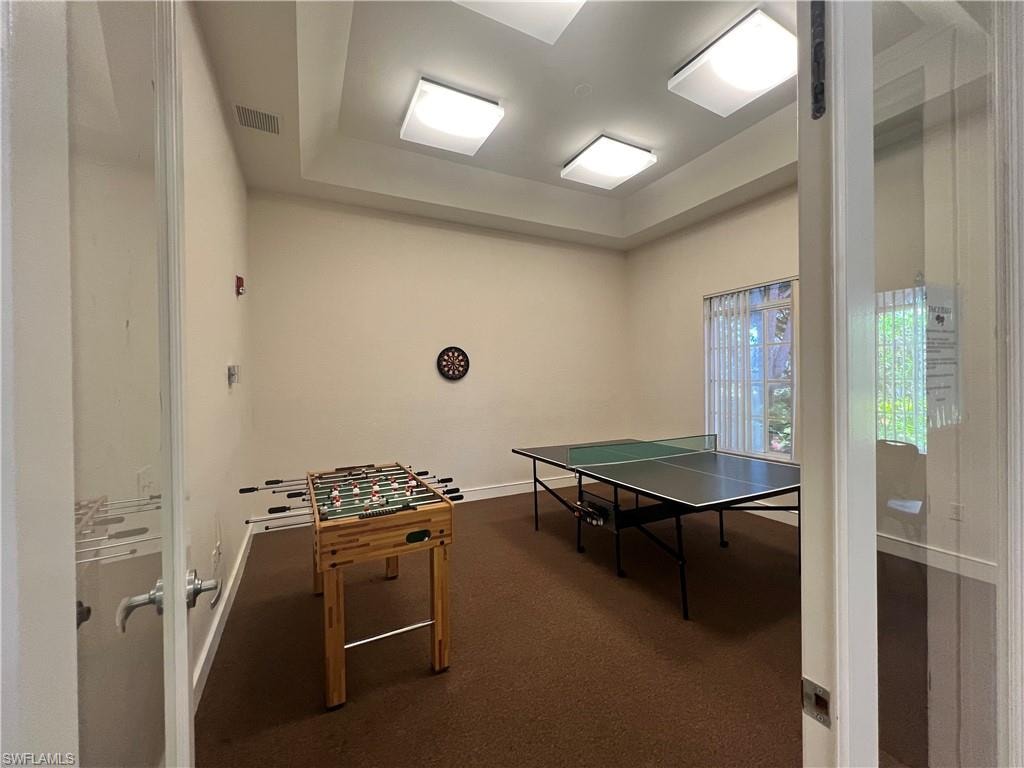 Game room with a tray ceiling and dark carpet