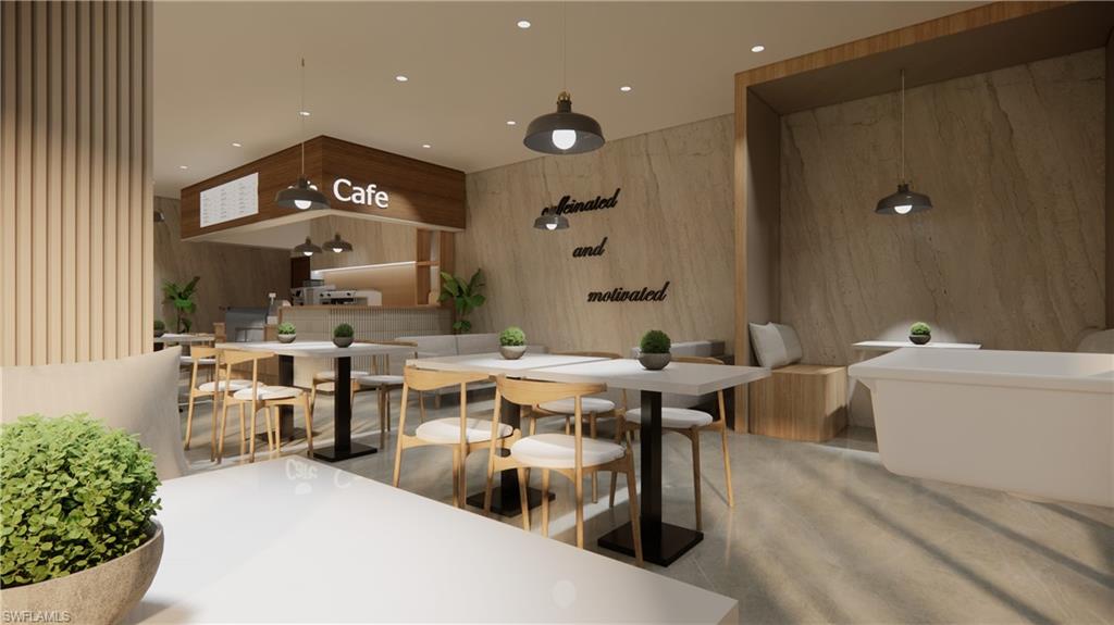 Dining space with recessed lighting and wooden walls