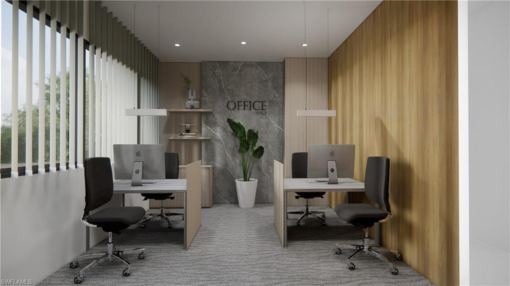Office area with recessed lighting