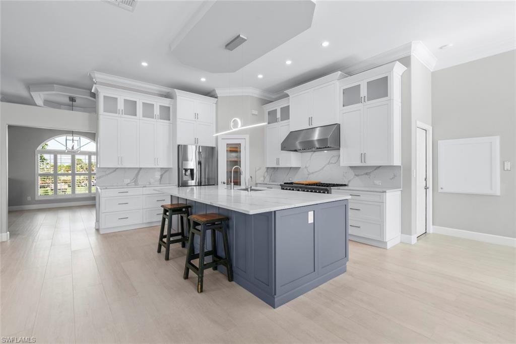 Contemporary kitchen featuring a large central island, light wood-finish flooring, white upper and lower cabinetry, stainless steel appliances, and a tray ceiling