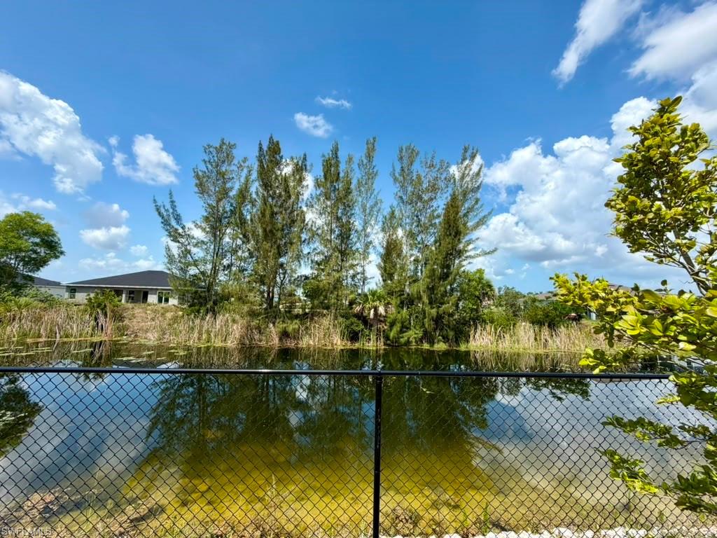 Waterfront property featuring a chain-link fence, natural shoreline, and mature trees