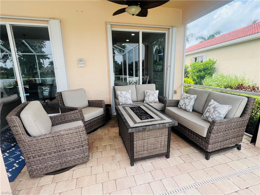 View of patio / terrace featuring ceiling fan and an outdoor hangout area