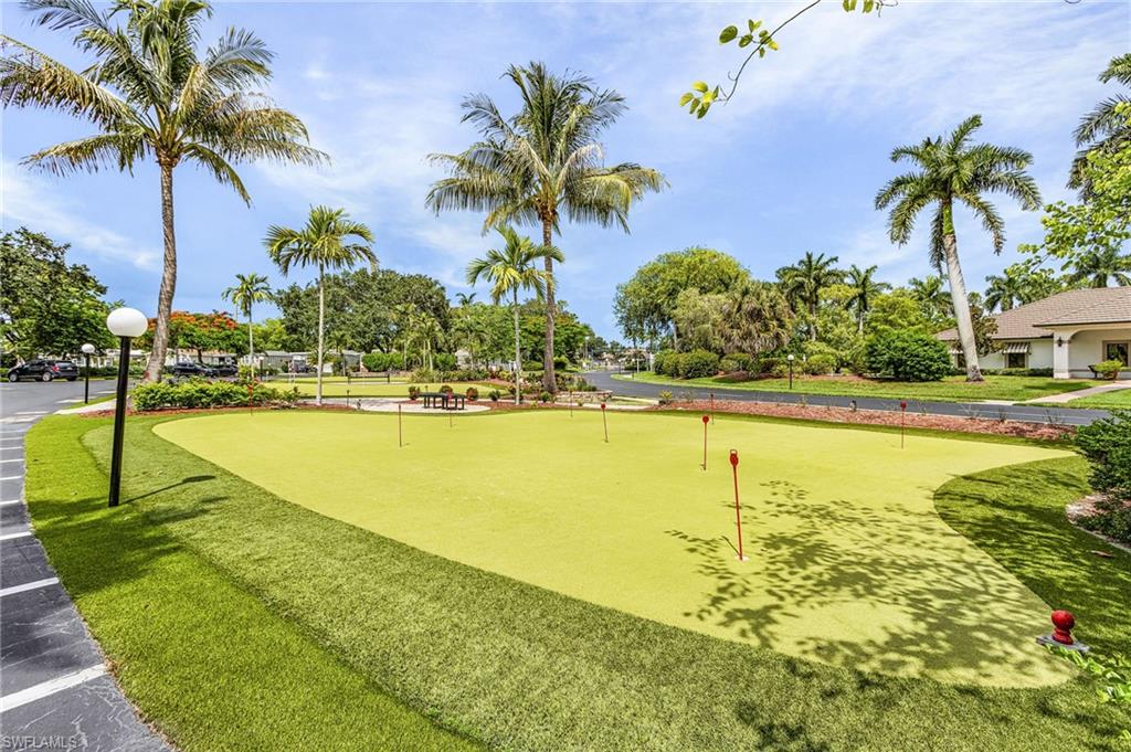 Manicured putting green area surrounded by mature palm trees and lush landscaping.