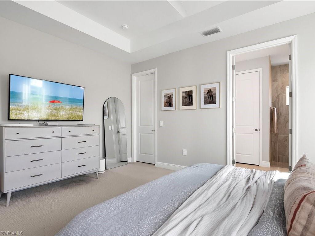 Carpeted bedroom with light gray walls and a tray ceiling