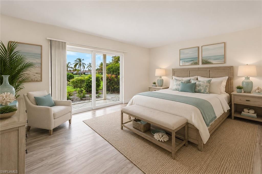 This primary bedroom is as it appears in this Glades Golf Community. The furniture is AI generated.