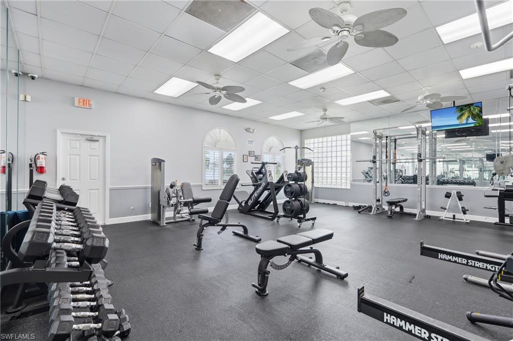 Fitness center with weights and resistance equipment.