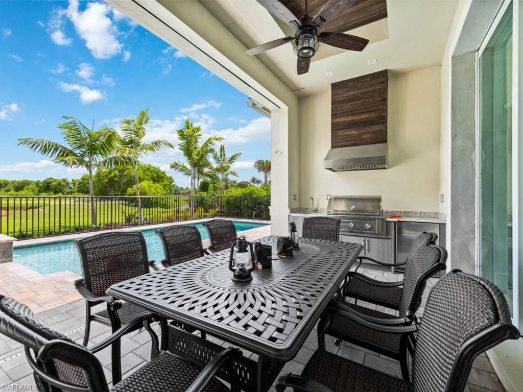 View of patio / terrace with area for grilling, a fenced in pool, grilling area, and ceiling fan