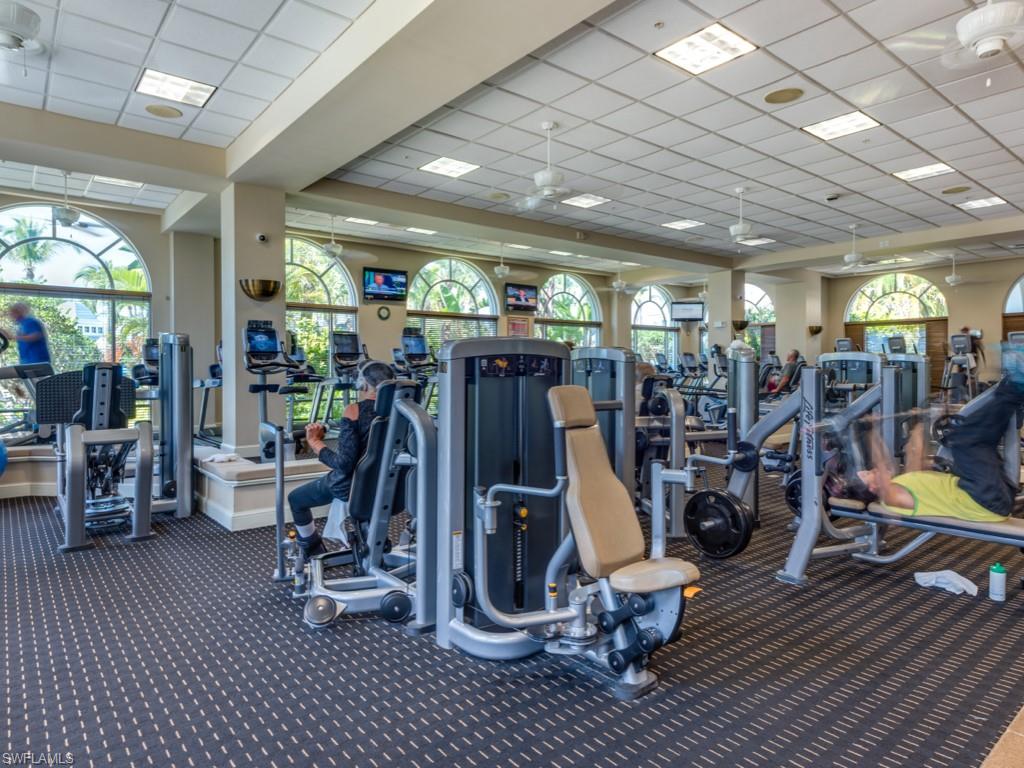 Gym with ceiling fan, carpet flooring, a healthy amount of sunlight, and a paneled ceiling