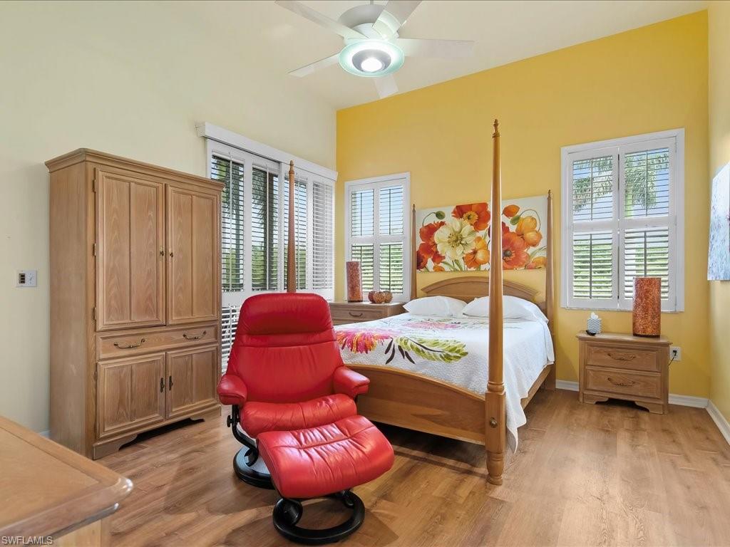 Bedroom featuring light wood-type flooring and ceiling fan
