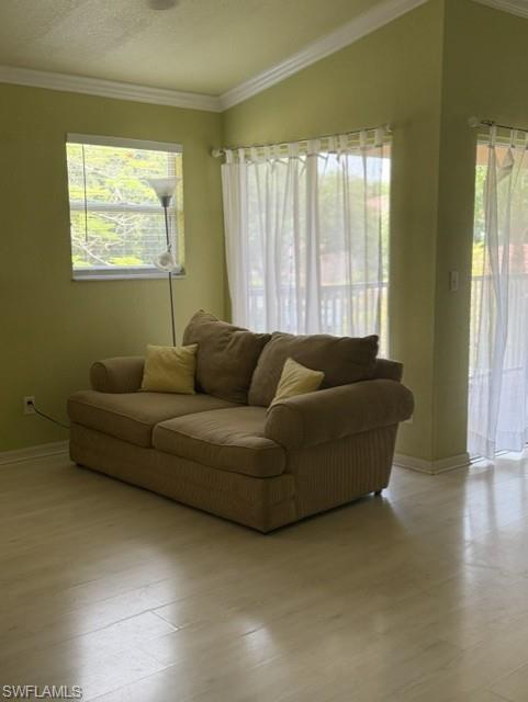 Light wood-finish flooring complemented by a corner window with horizontal blinds and an expansive sliding glass door featuring sheer white curtains