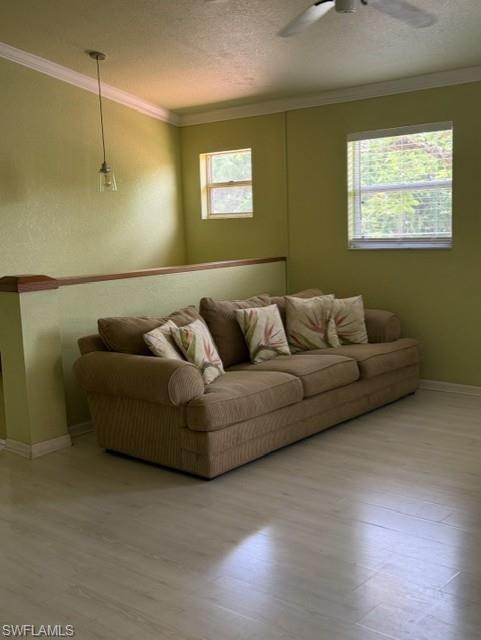 Spacious room featuring light wood-finish flooring and crown molding