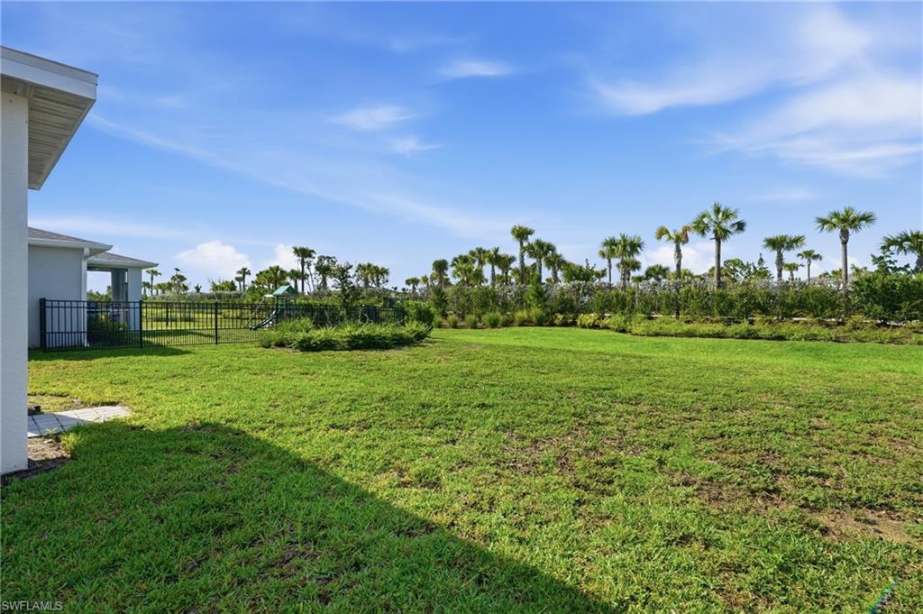 Expansive green lawn area featuring a black metal fence, visible exterior wall of the property, and a border of mature palm trees