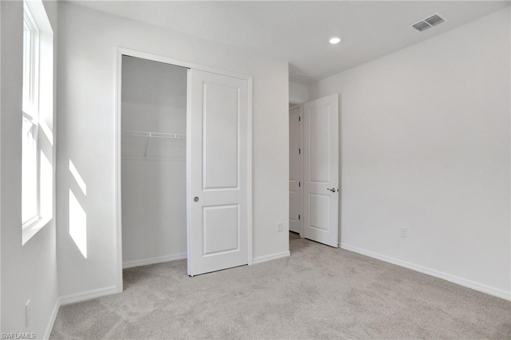 Unfurnished bedroom featuring multiple windows, light carpet, and a closet