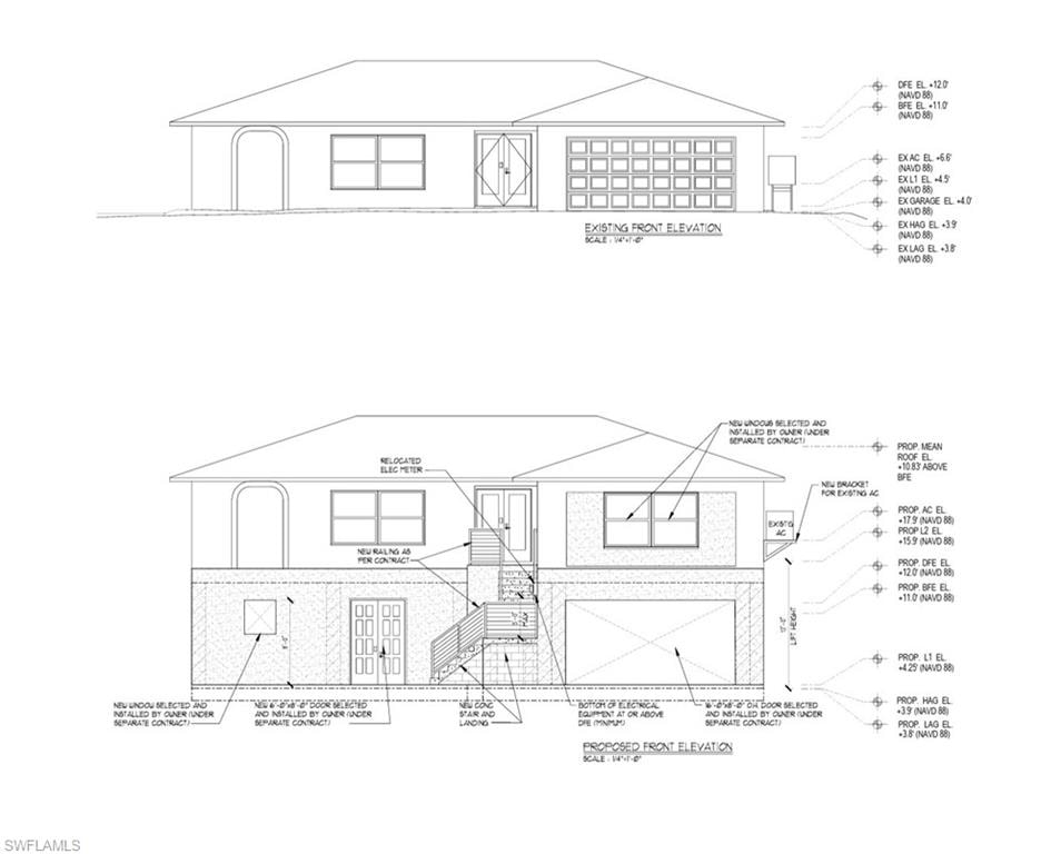 Drawings of Front of Home-top picture is existing home and lower picture is home elevated.