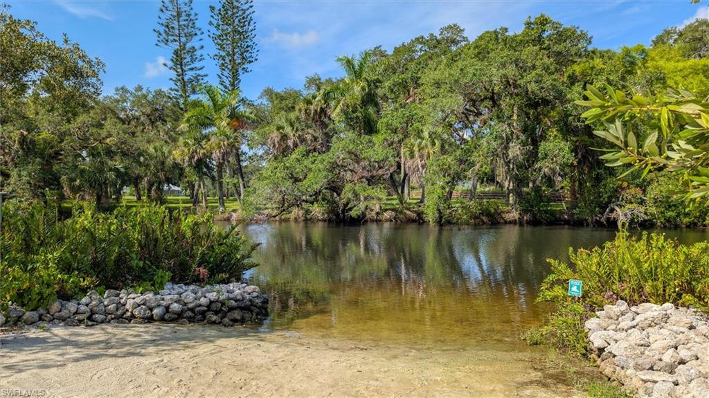 Waterfront access featuring a sandy bank, dense perimeter foliage, mature trees, and a clear water body
