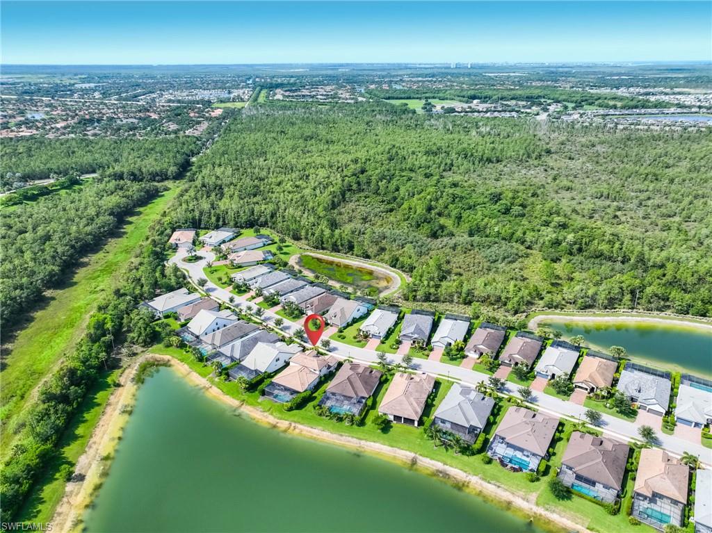 Aerial community overview with a central residential street