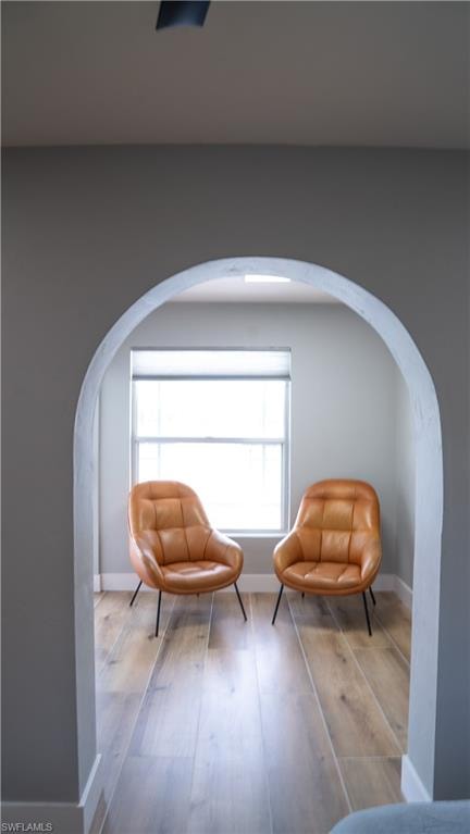 Arched entryway leading to a room with wood-finish flooring, light gray walls, and a window with blinds