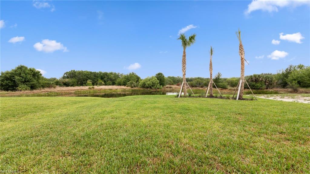 Expansive open green space, swaying palms, and a tranquil pond create a peaceful, private natural setting beyond the lanai.