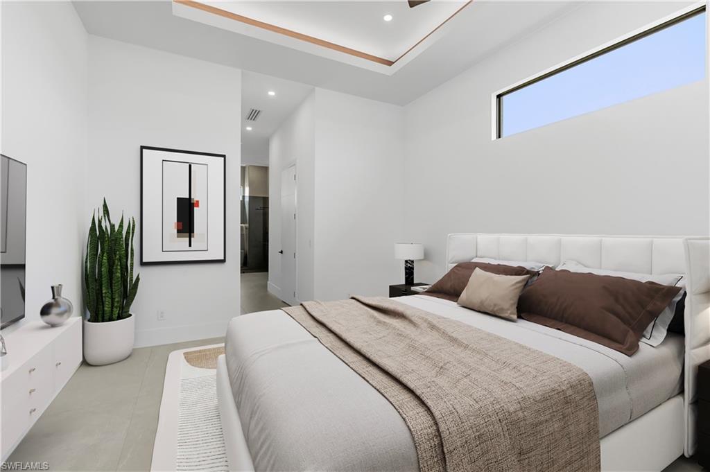 Contemporary bedroom featuring a tray ceiling with recessed lighting, a high horizontal window, and light-toned flooring