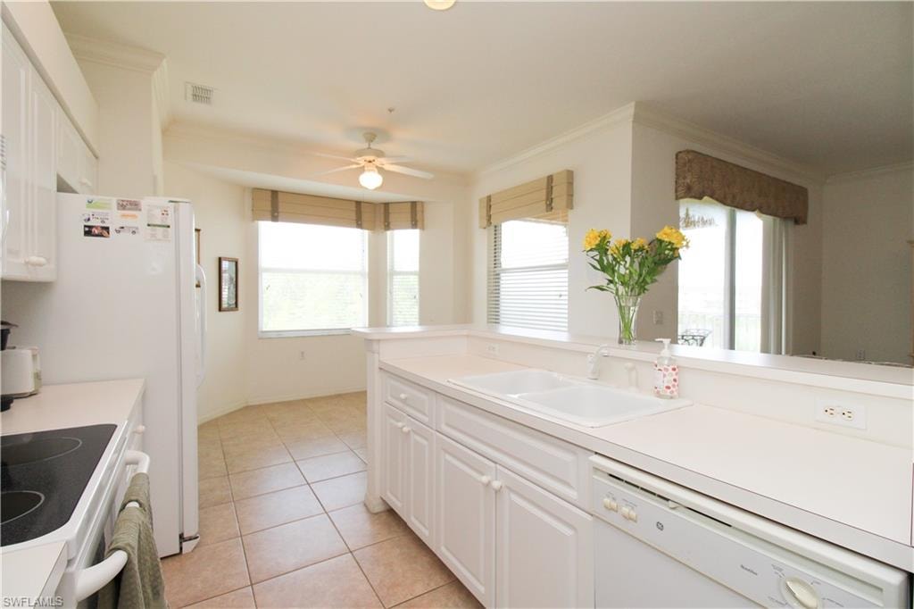 Kitchen with dishwasher, white cabinetry, a healthy amount of sunlight, and ceiling fan