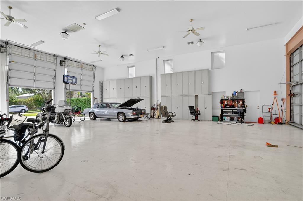 Garage with a ceiling fan