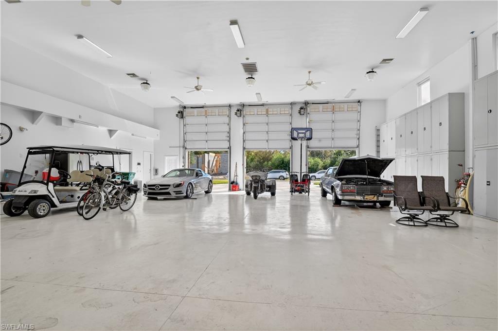 Garage featuring a ceiling fan