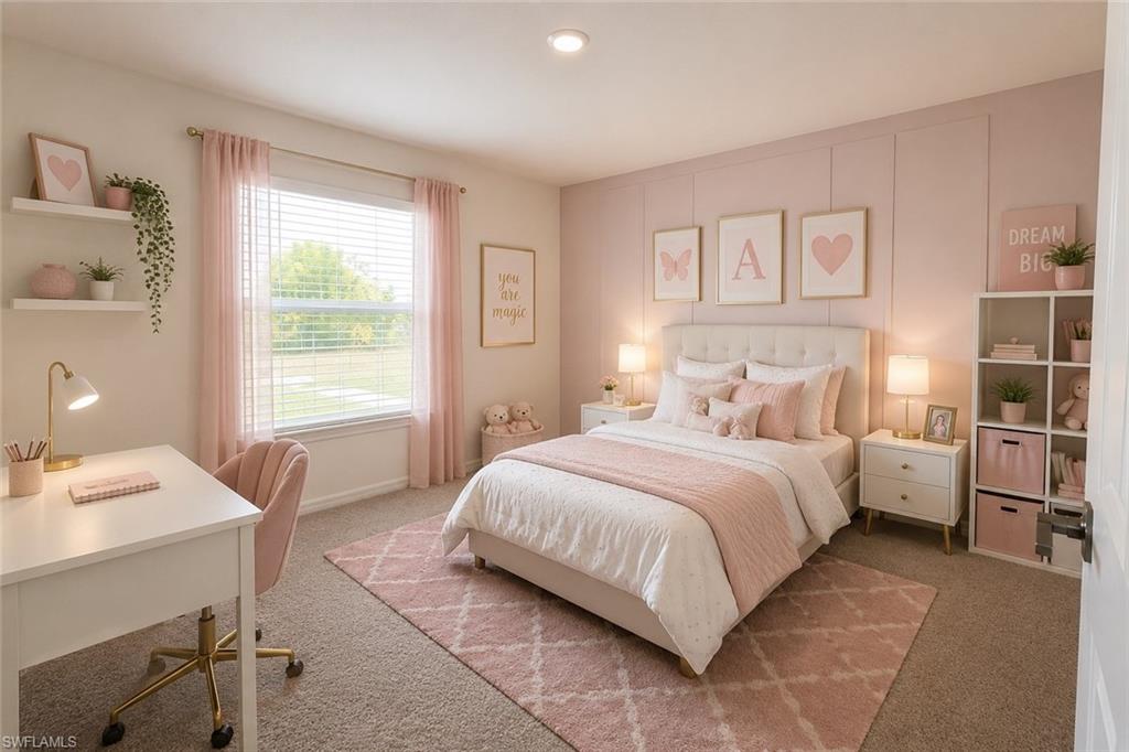 Inviting bedroom featuring a wide window with blinds, carpeted flooring, and a decorative accent wall with vertical paneling