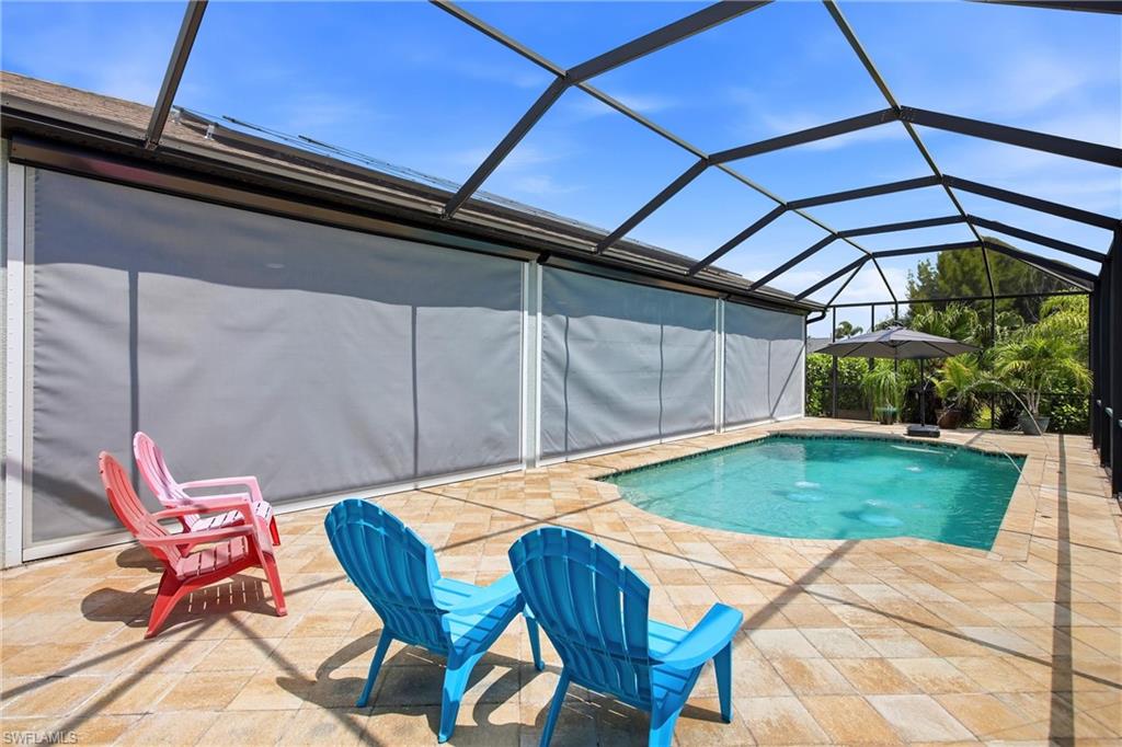 Pool with fabric shades down