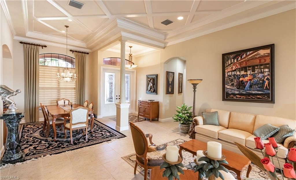 Coffered ceiling detailing throughout the main living areas