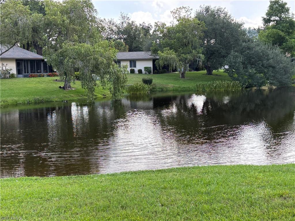 Waterfront property featuring a screened-in porch and mature trees