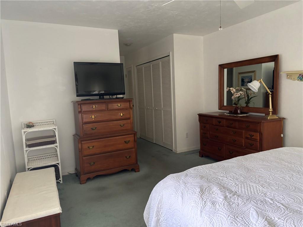 Carpeted room featuring white walls and louvered bifold closet doors