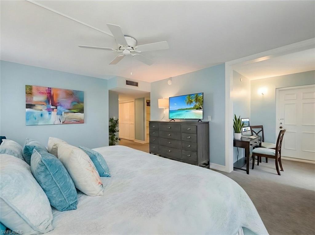 Bedroom featuring carpet floors and ceiling fan