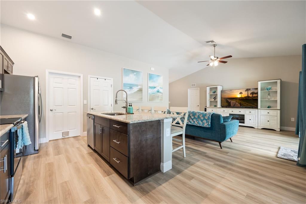 Open-concept living space with vaulted ceilings