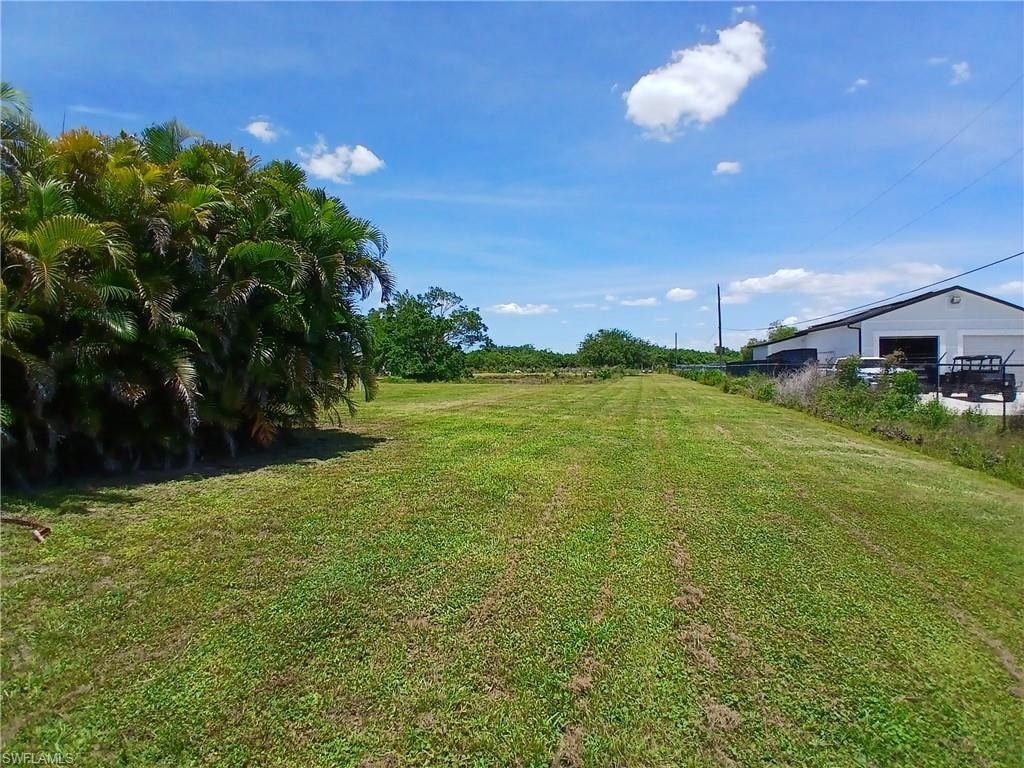 Expansive grassy lot featuring mature tropical foliage along the left. Pond by tree in back.
