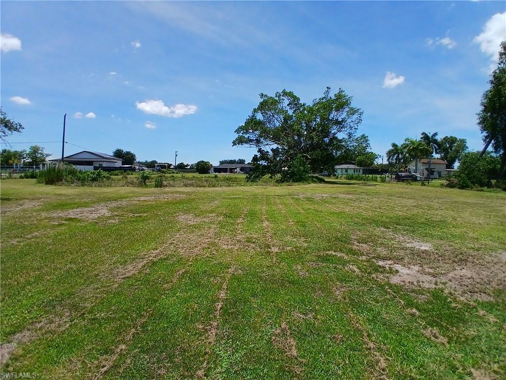 Expansive cleared lot featuring mature trees at the perimeter, open grassy areas, and distant structures