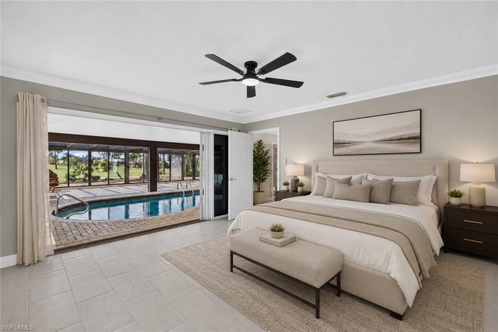 Master BedRoom with light gray walls, crown molding, and large format tile flooring, Virtually Staged