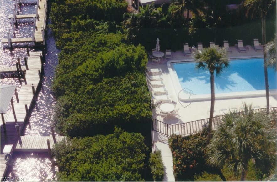 Waterfront property featuring multiple boat docks, a swimming pool with surrounding patio, mature palm trees, and lush landscaping