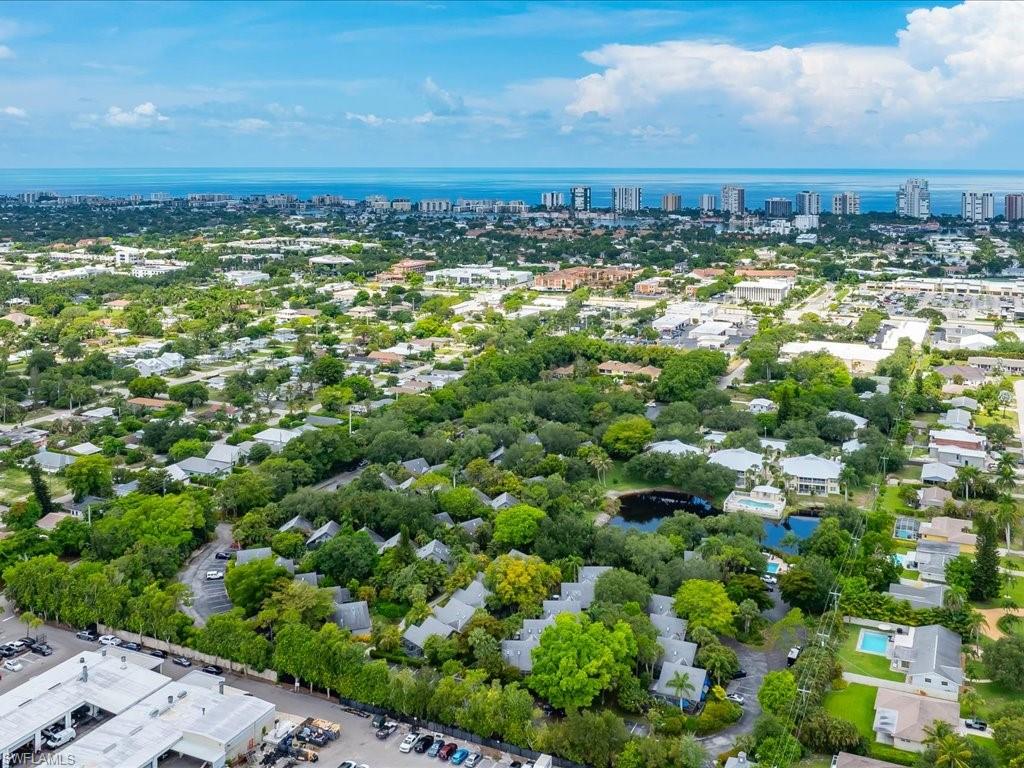 Aerial overview of a residential area featuring lush tree coverage and multiple bodies of water