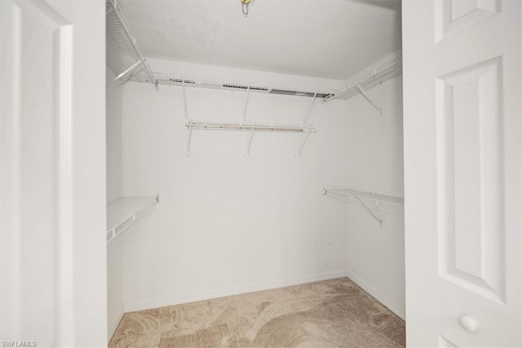 Walk-in closet featuring wire shelving, wire hanging rods, neutral wall paint, and carpet flooring