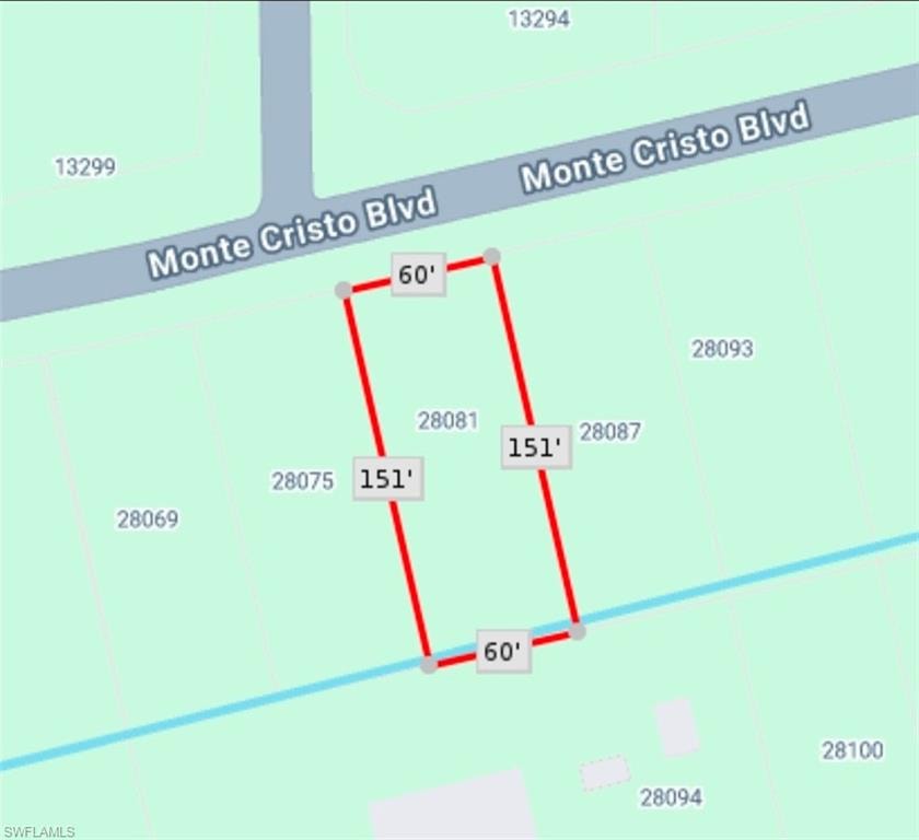 Survey Map. Outlining the property boundaries and dimensions along Monte Cristo Blvd