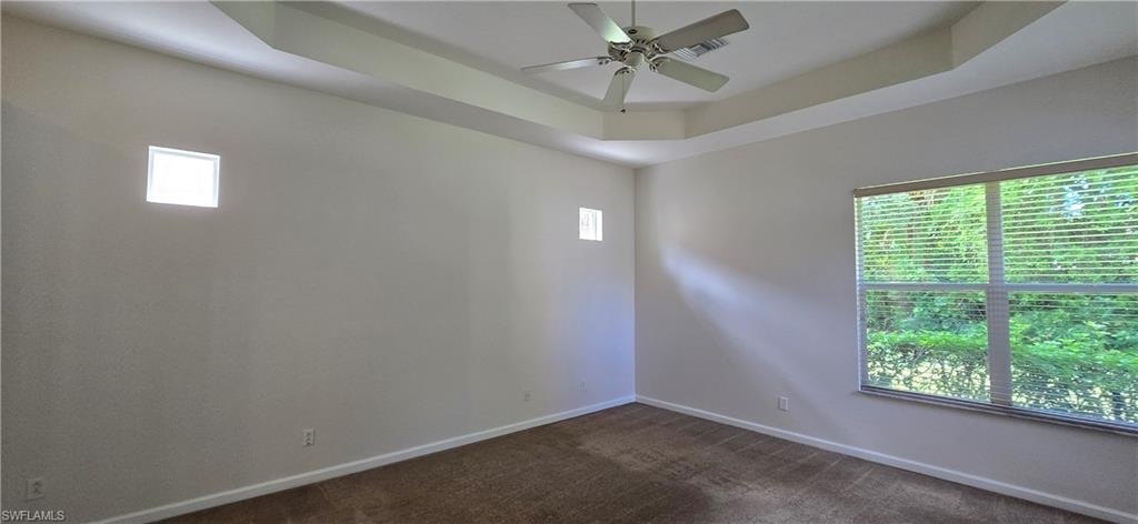 Raised ceiling, dark colored carpet, healthy amount of natural light, and ceiling fan