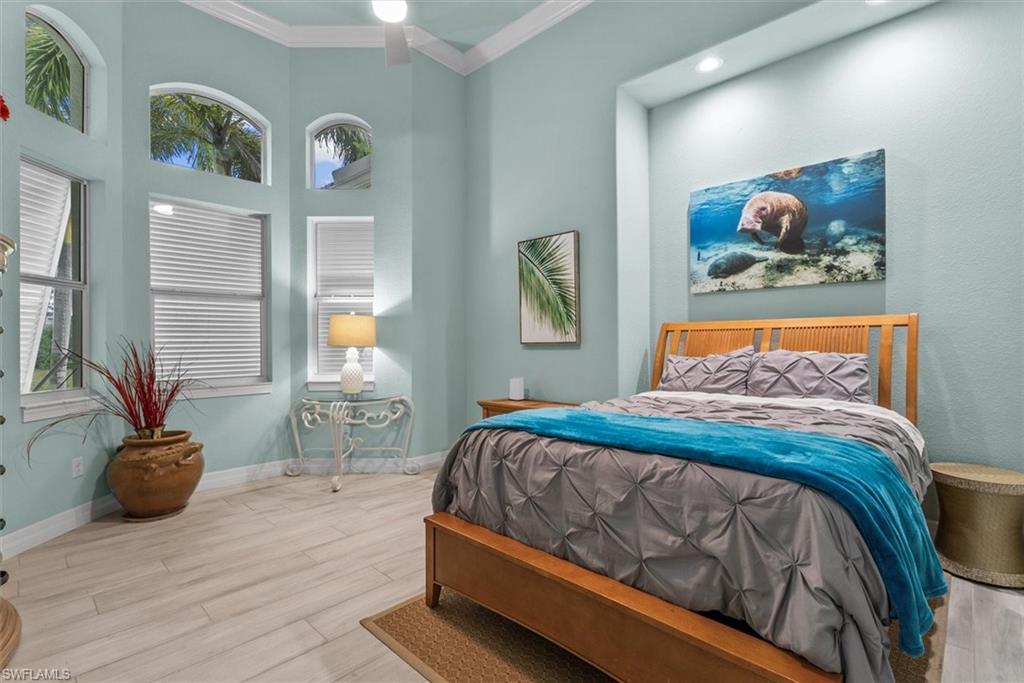 Architectural window ensemble featuring arched transom windows and white blinds