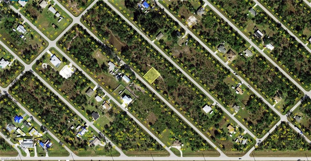 Aerial Map. Displaying the property within a residential grid and indicating lot dimensions