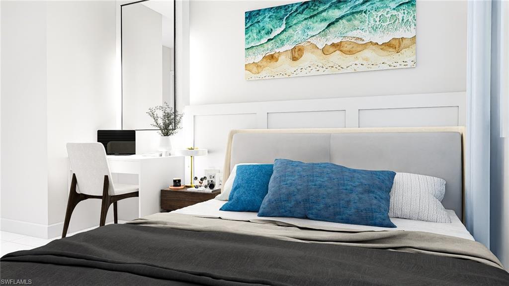 Bedroom with a decorative wall