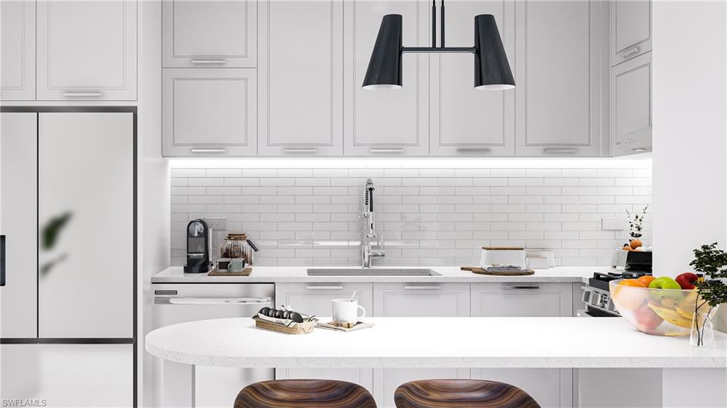 Kitchen with a kitchen breakfast bar, decorative backsplash, light stone counters, and dishwasher