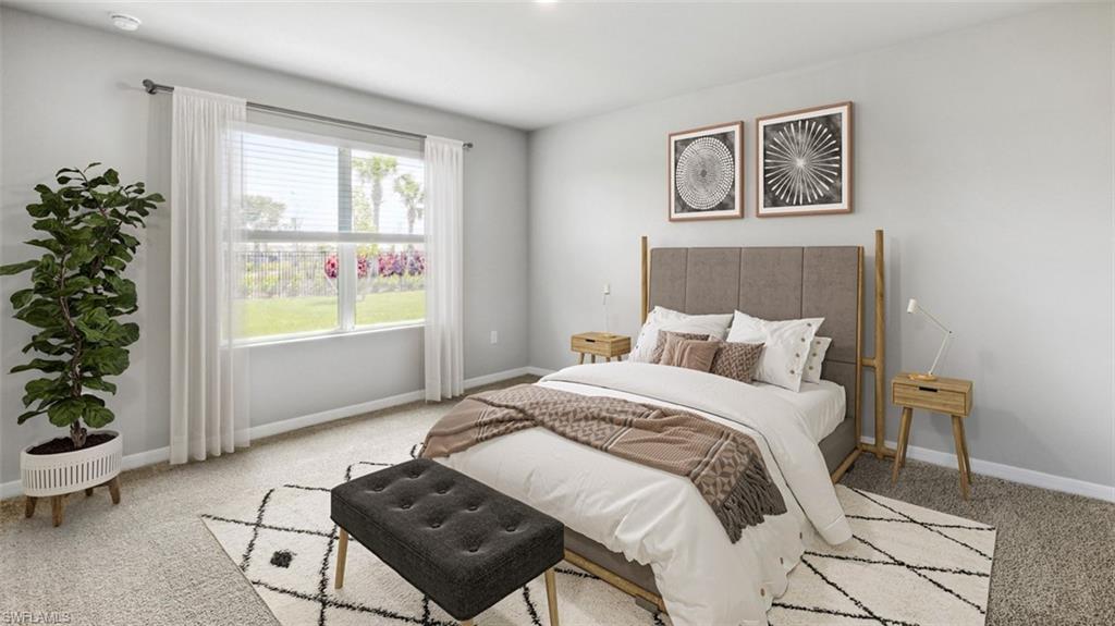 Virtually staged - Spacious room featuring light-toned walls, plush carpeting, and a large window with horizontal blinds