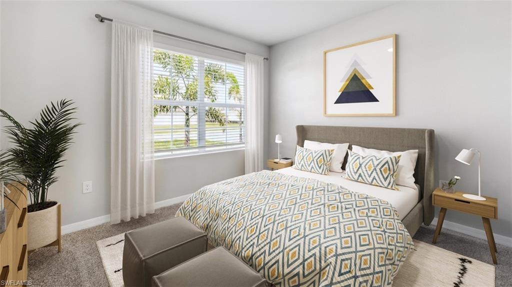 Virtually staged - Carpeted room with a large window featuring blinds and sheer curtains, light gray walls, and a built-in light fixture